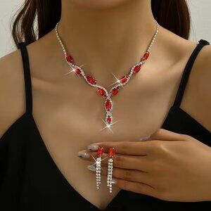 New Womens Dazzling Red Crystal Necklace & Earrings